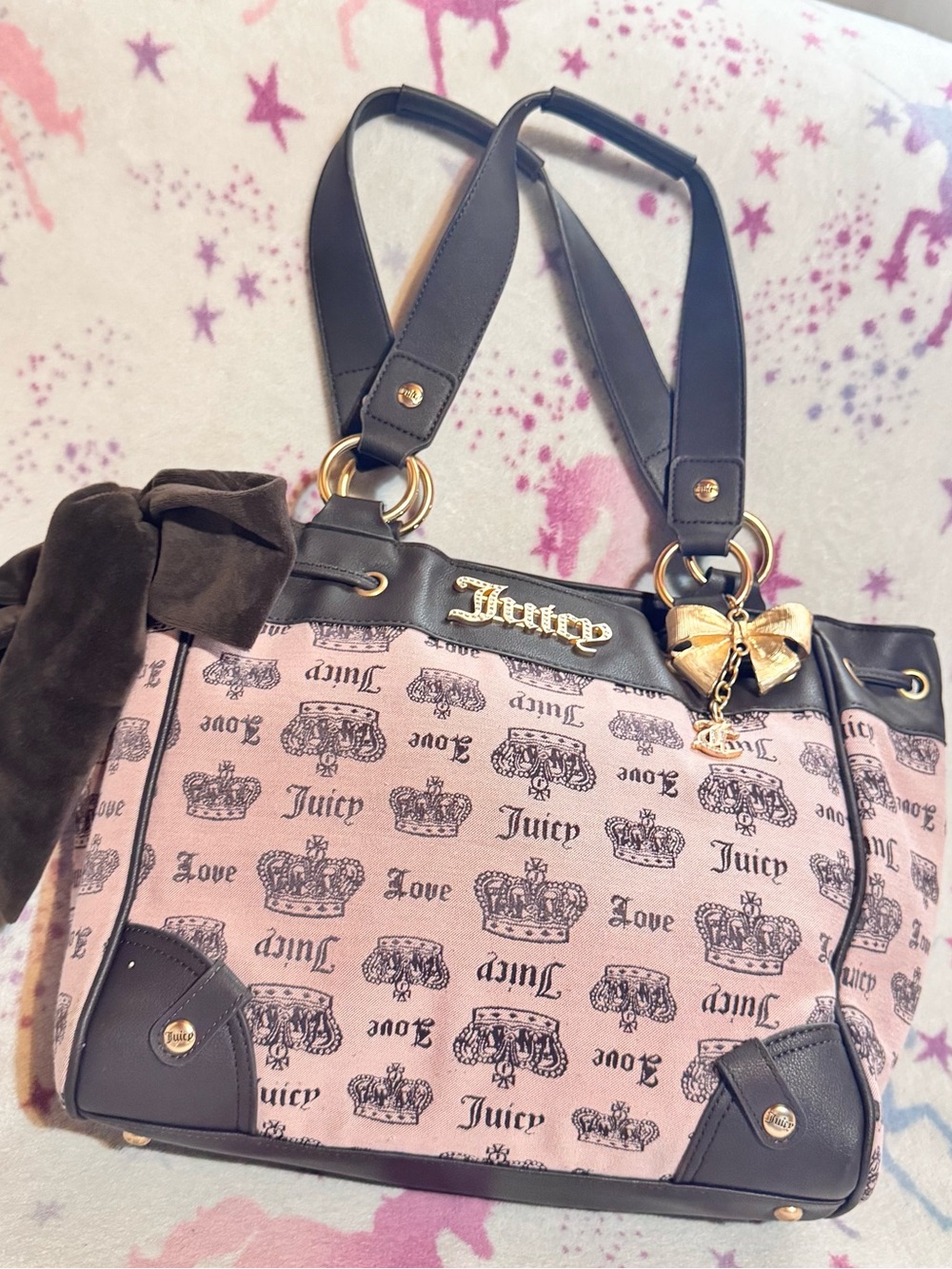 Juicy Couture Black and Gold Crown Print Daydreamer Bag